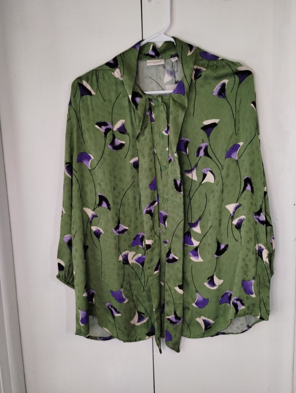 New York & Company Green Floral Tie-Neck Blouse with Purple Accents